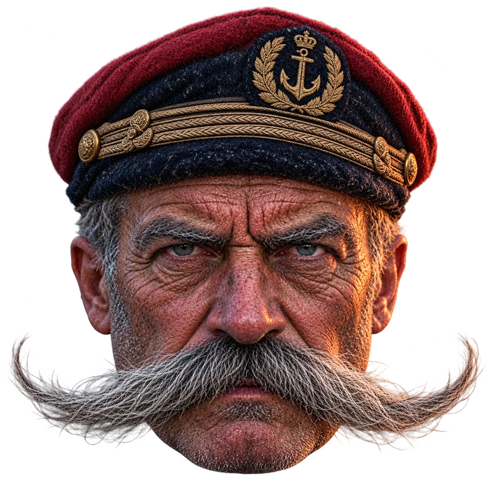 A weathered Baltic captain with an extra-long gray mustache